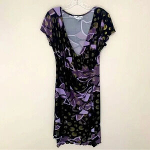 Joseph Ribkoff Purple Black Bronze  Faux Wrap Midi Dress 14